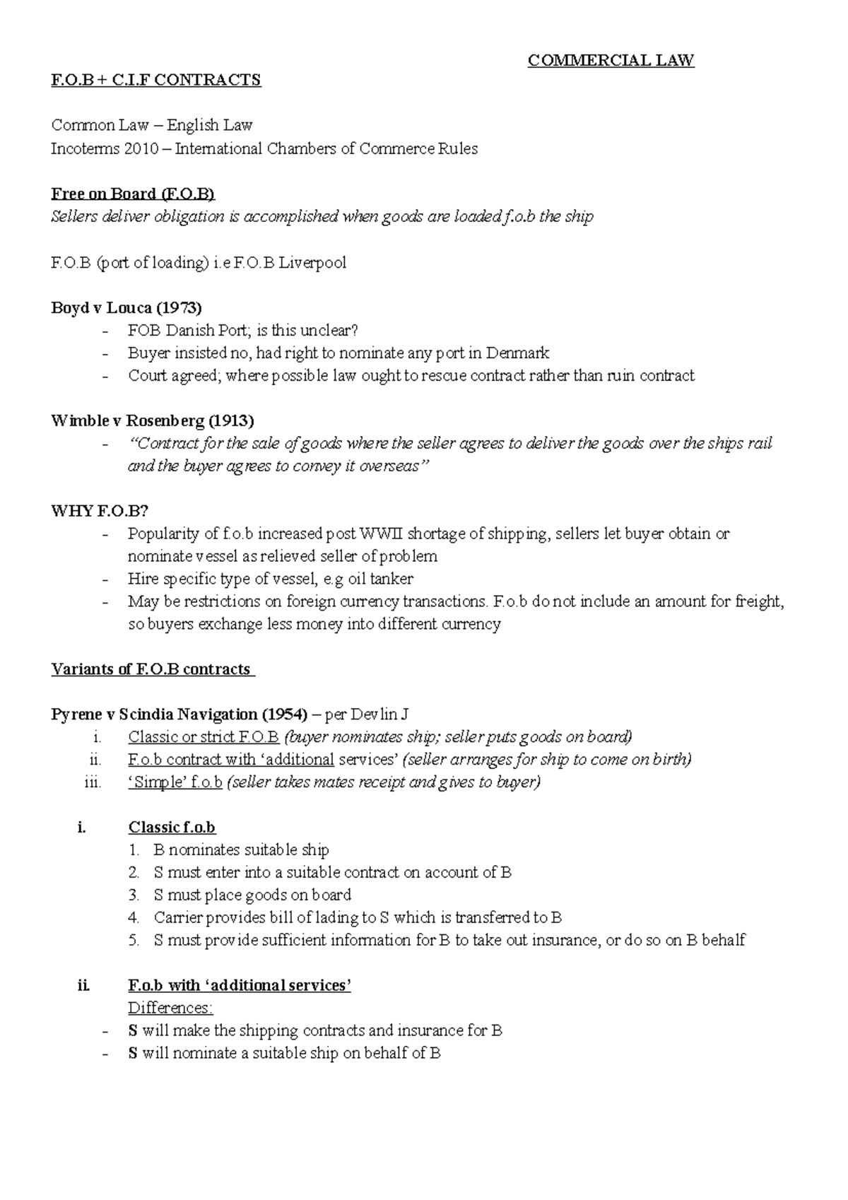 FOB + CIF - BPP notes on FOB & CIF - F.O + C.I CONTRACTS Common Law ...