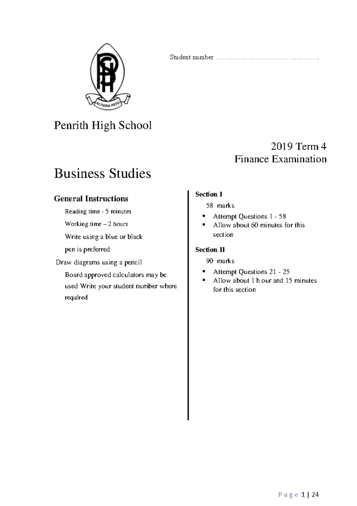past paper business Student number