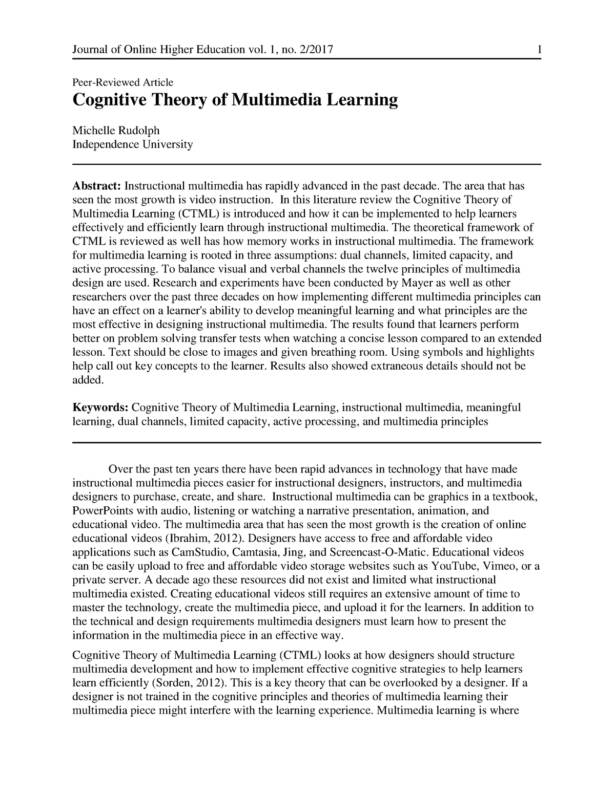 Rudolph 2017 Cognitive Theory of Multimedia Learning - Peer-Reviewed ...