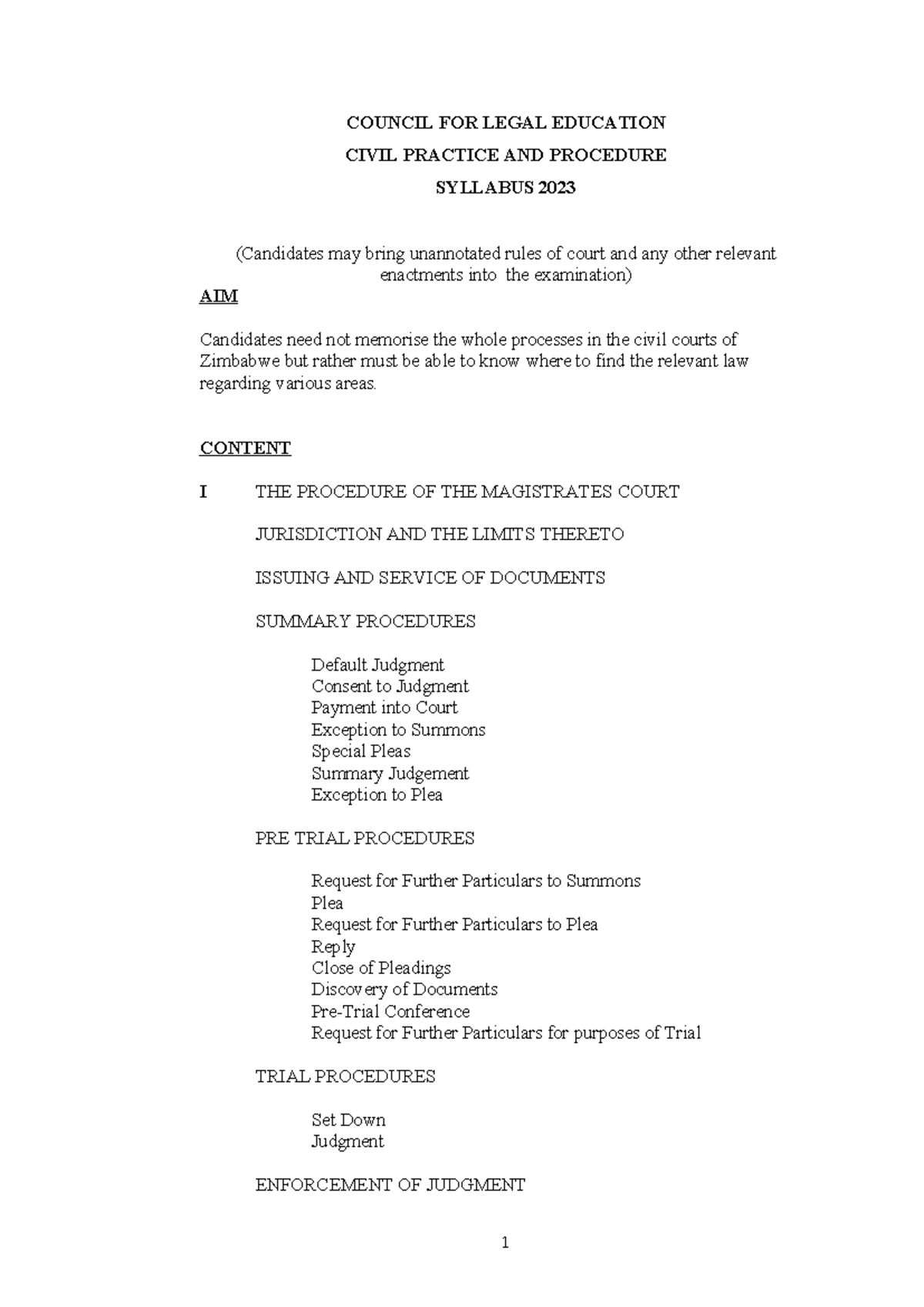 CLE Syllabus for Civil Procedure 2023 - COUNCIL FOR LEGAL EDUCATION ...