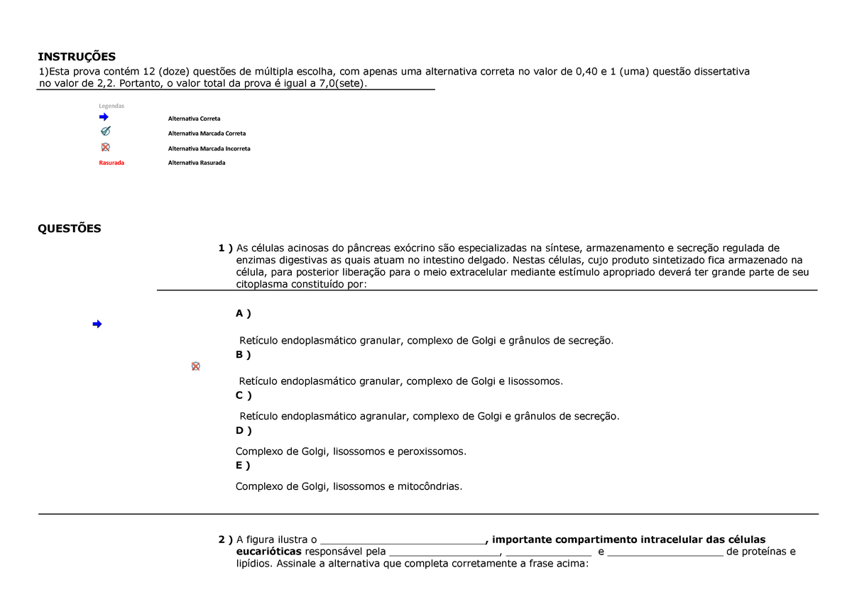 Prova De Biologia Celular - Questões E Respostas - INSTRUÇÕES 1)Esta ...