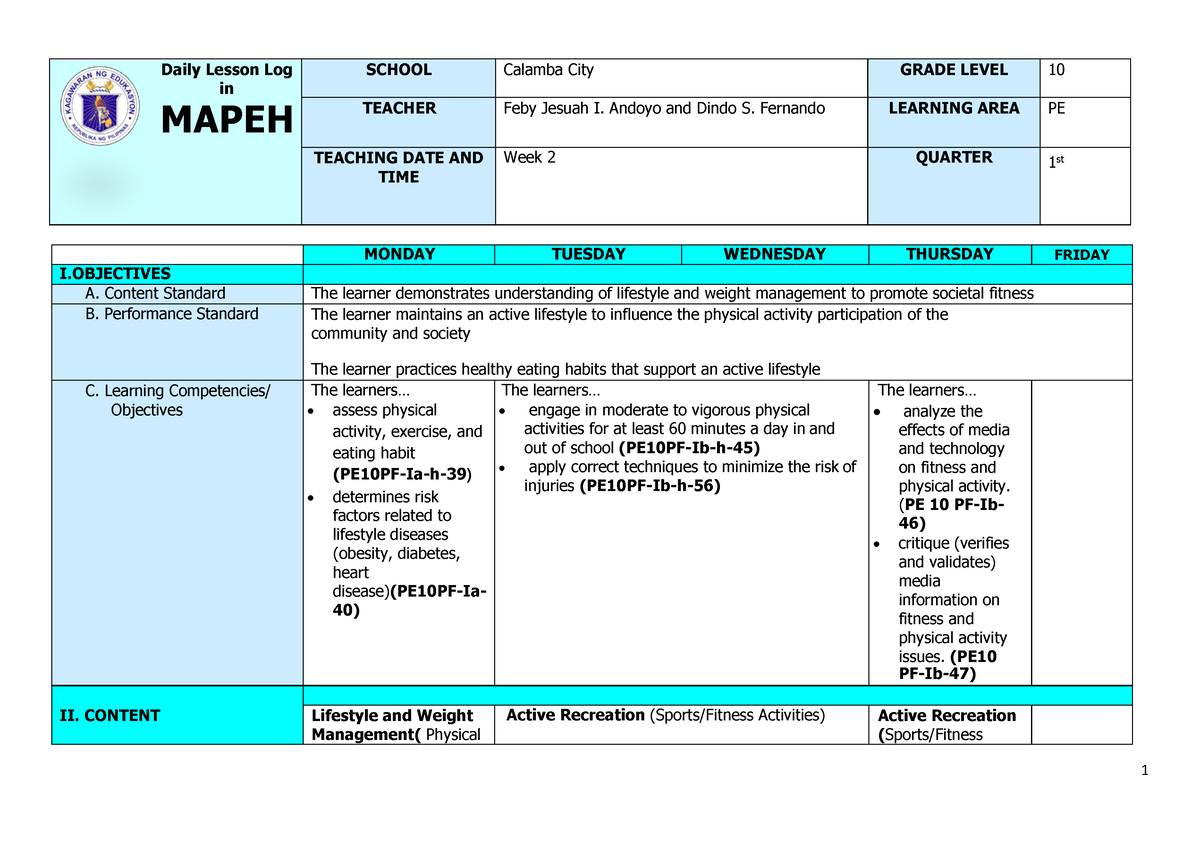 DLL Lesson Plan - Daily Lesson Log In MAPEH SCHOOL Calamba City GRADE ...