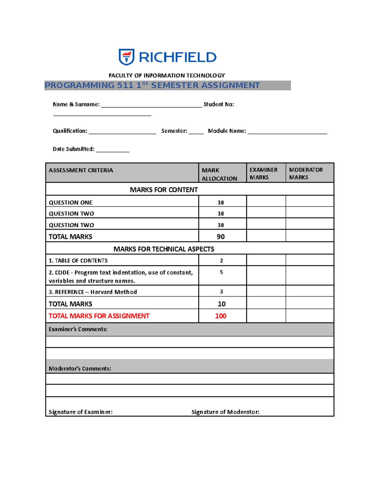 richfield assignment cover page