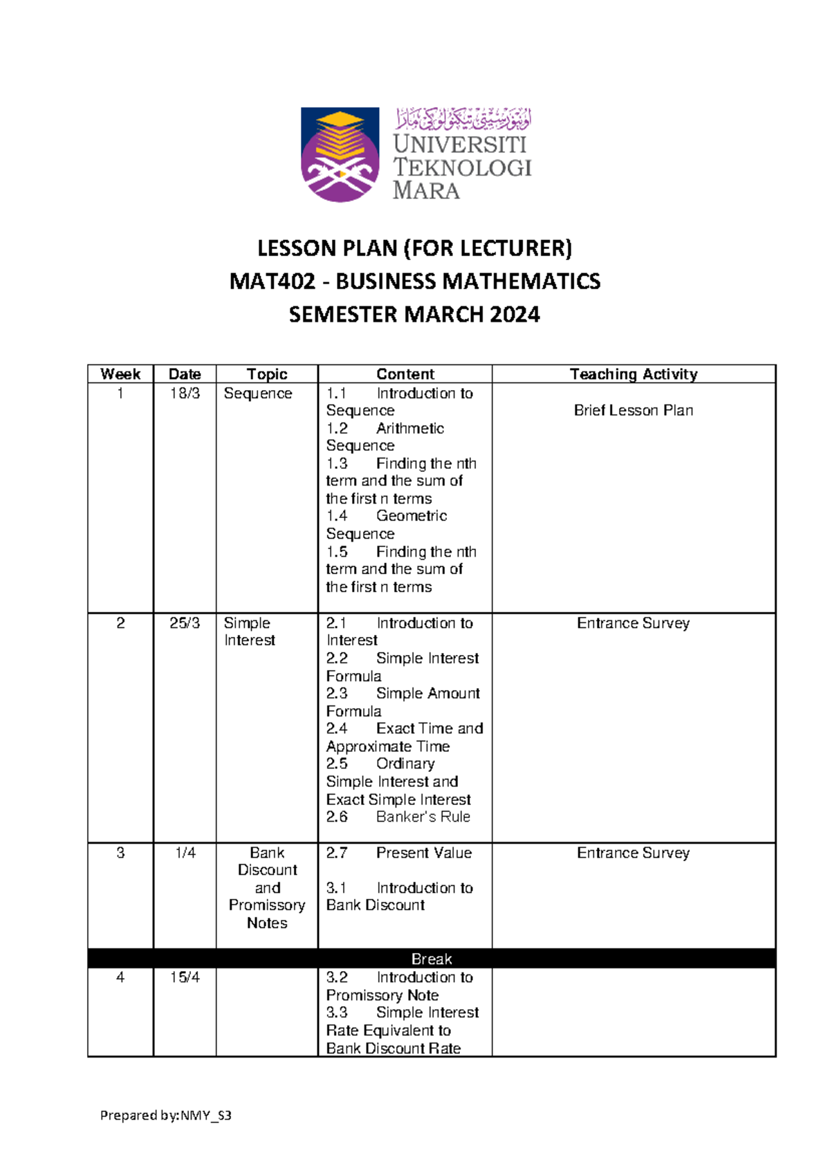 Lesson PLAN March 2024 - Ctu - LESSON PLAN (FOR LECTURER) MAT402 ...