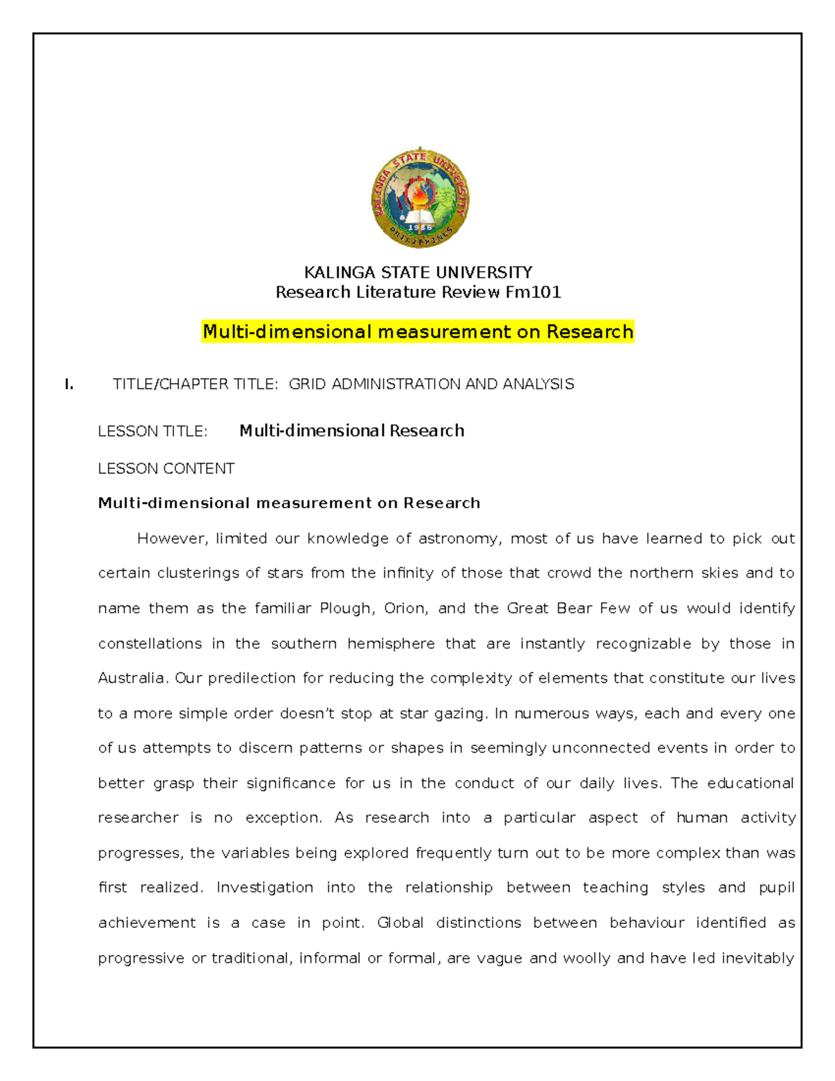 Multidimensional measurement on Research TITLE/CHAPTER TITLE GRID