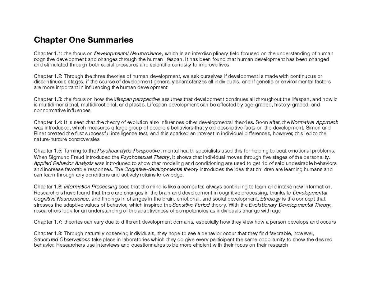 Chapter 1 summaries Chapter One Summaries Chapter 1 the focus on Developmental Neuroscience