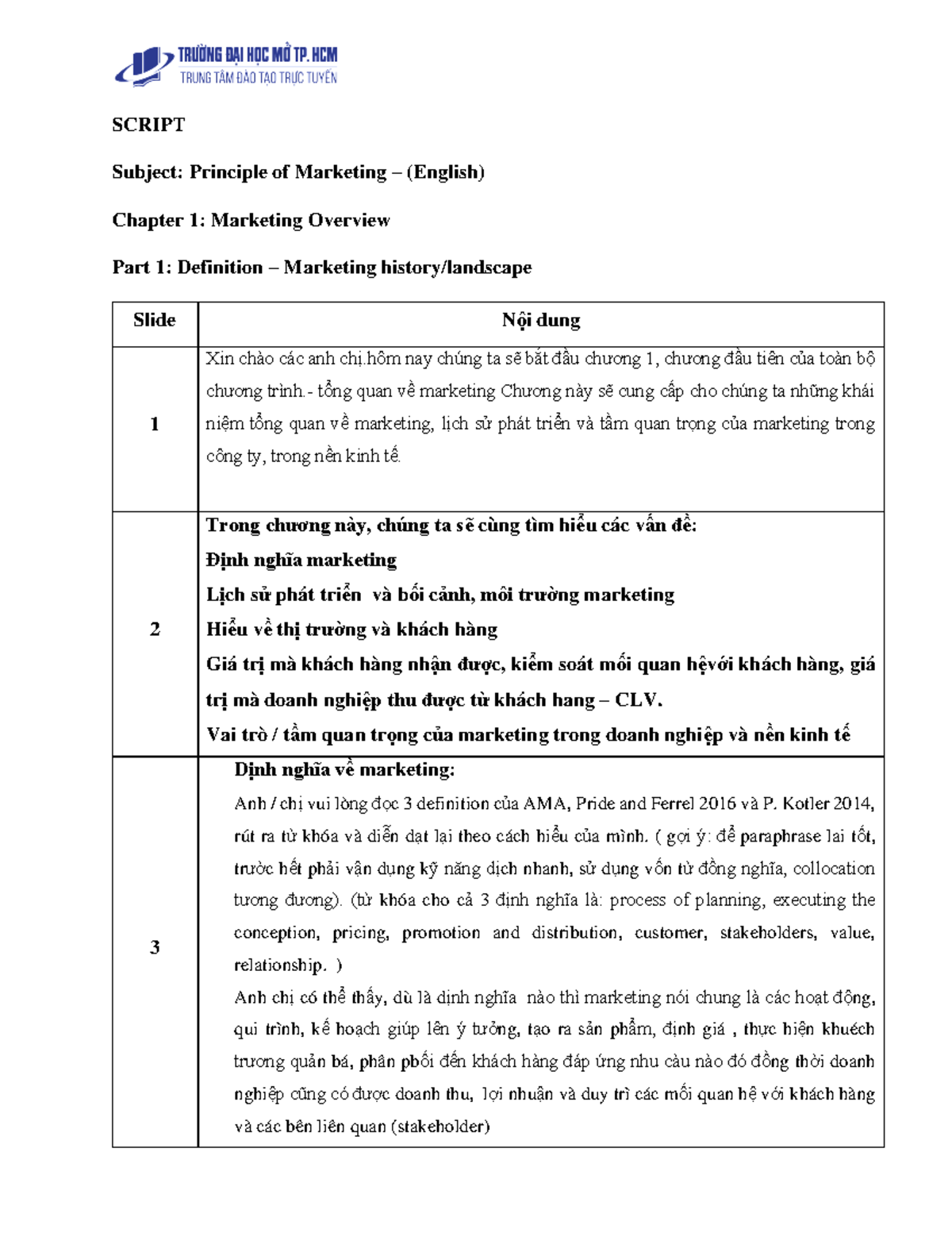 Môn Marketing - SCRIPT Subject: Principle of Marketing – (English ...
