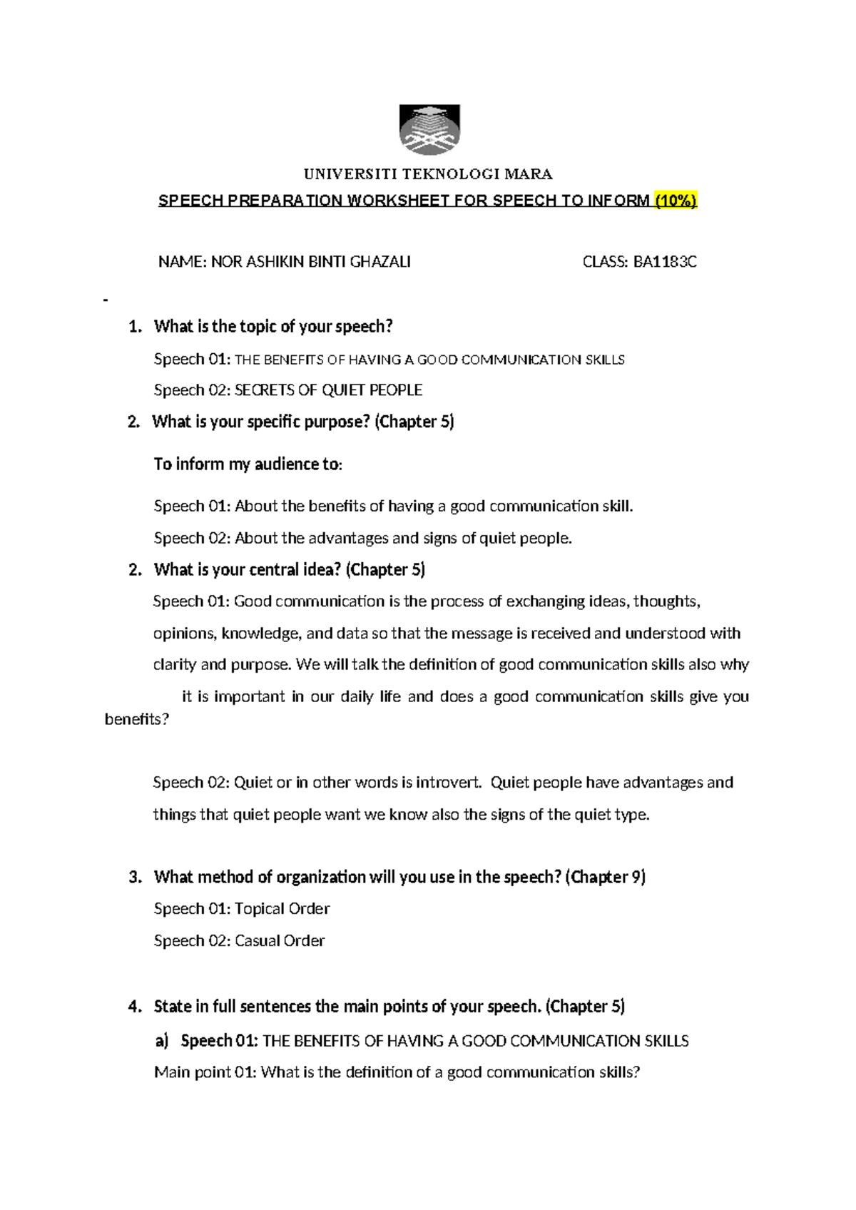 Worksheet - Speech To Inform - UNIVERSITI TEKNOLOGI MARA SPEECH ...