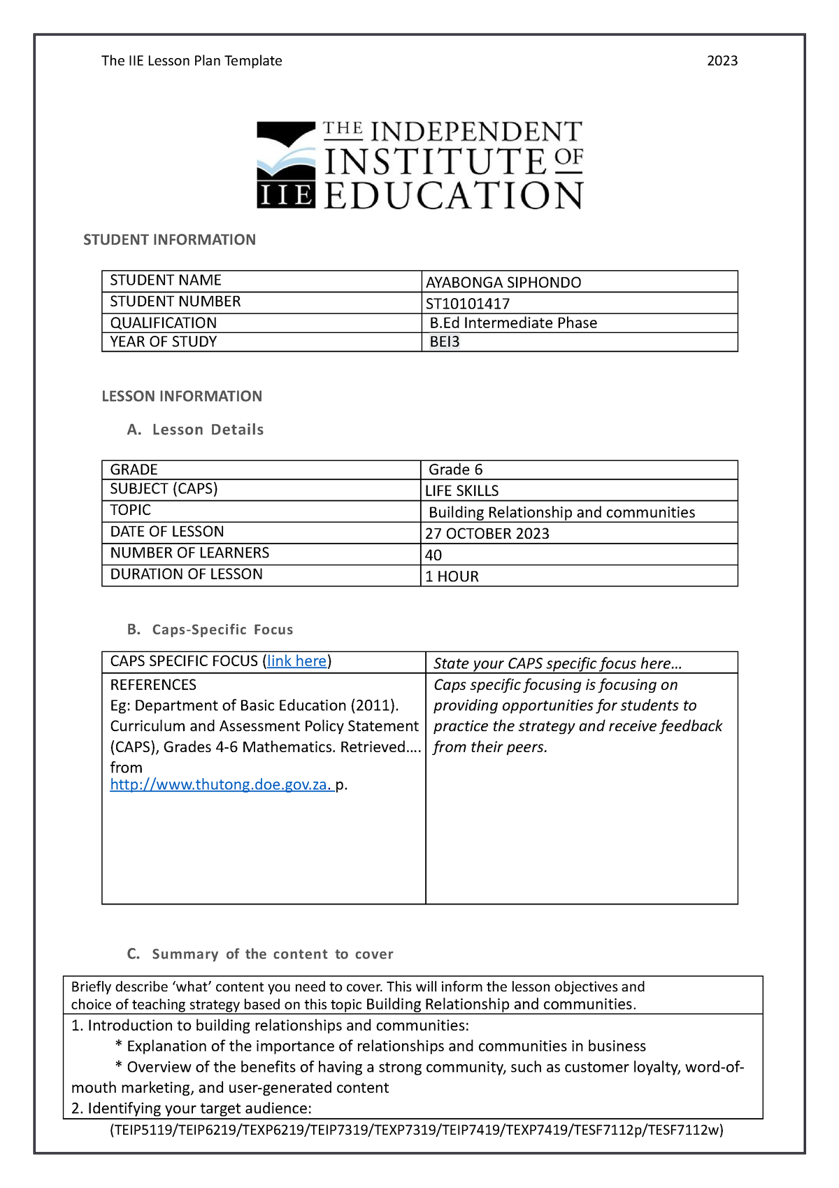 SOCE ICE TASK 3 (ST10101417) - The IIE Lesson Plan Template 2023 - Studocu