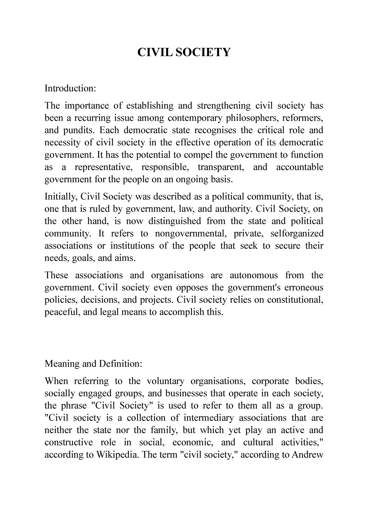 Civil Society - Lecture Notes 3 - CIVIL SOCIETY Introduction: The ...