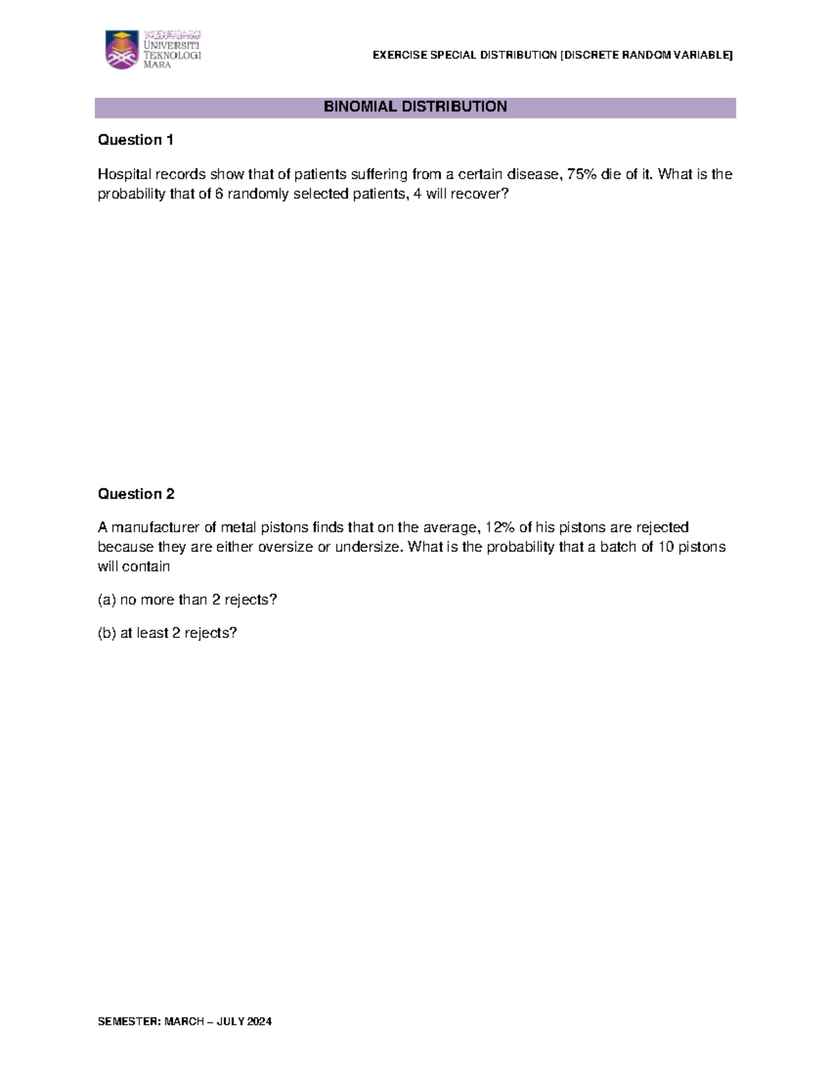 Exercise special distribution Binomial and Poison Distribution ...