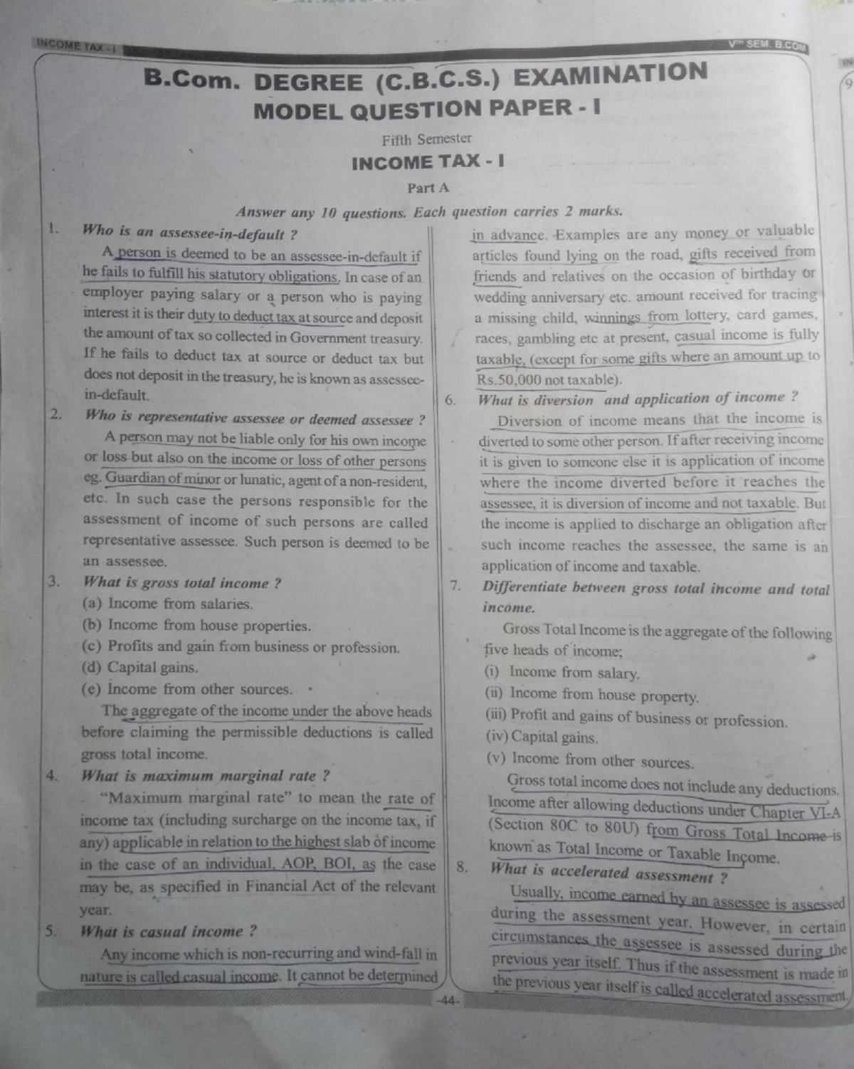 Income Tax 5th Semester Practice Material Notes And Previous Year