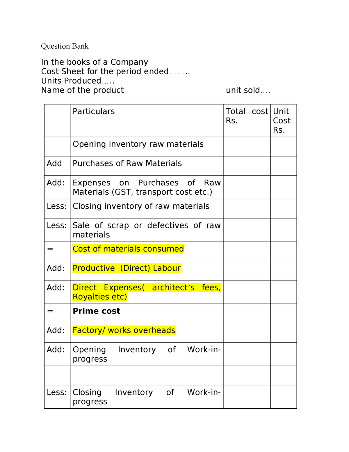 cost accounting assignment questions