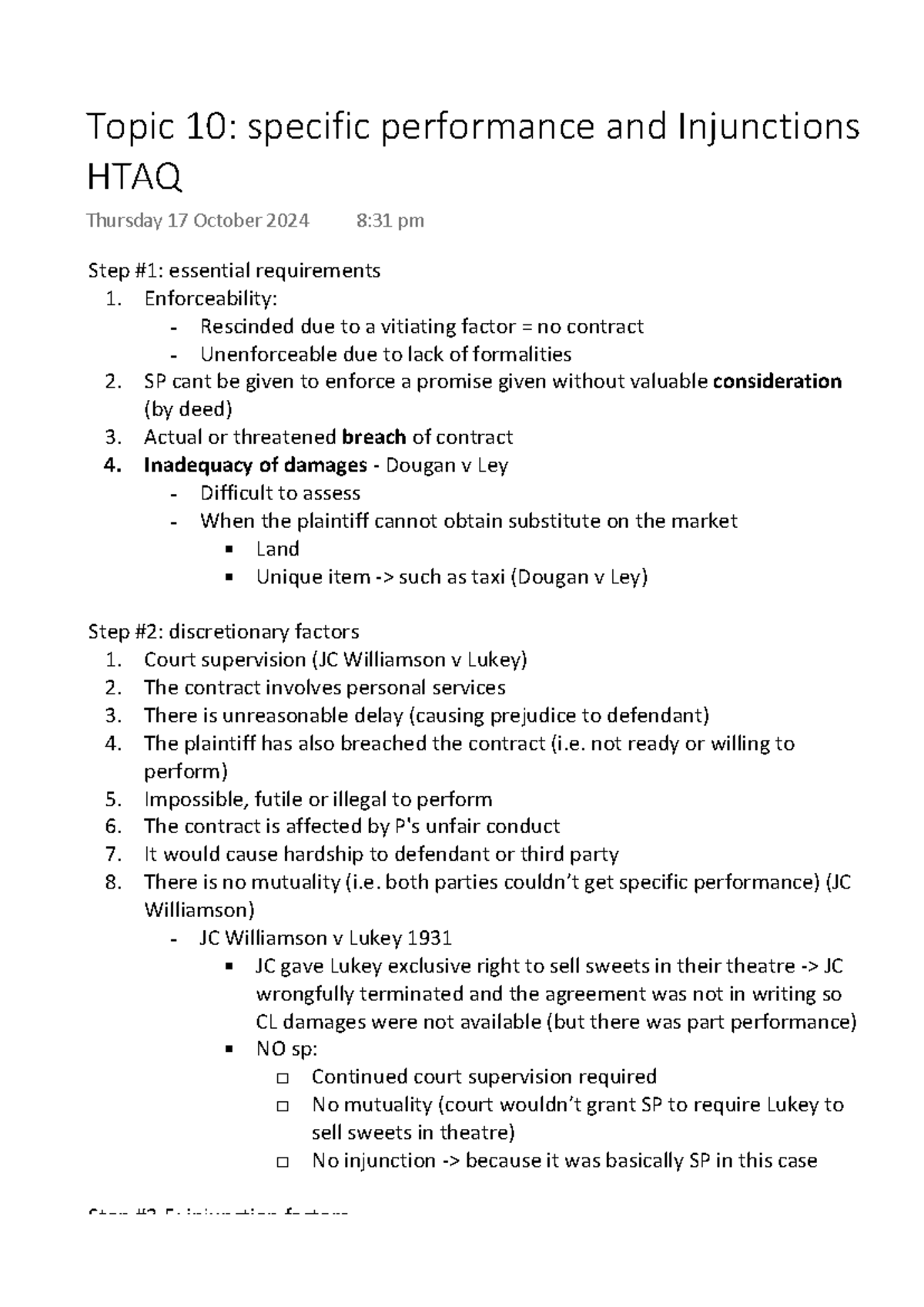 Topic 10-Specific performance and injunction answer guide - Step #1 ...
