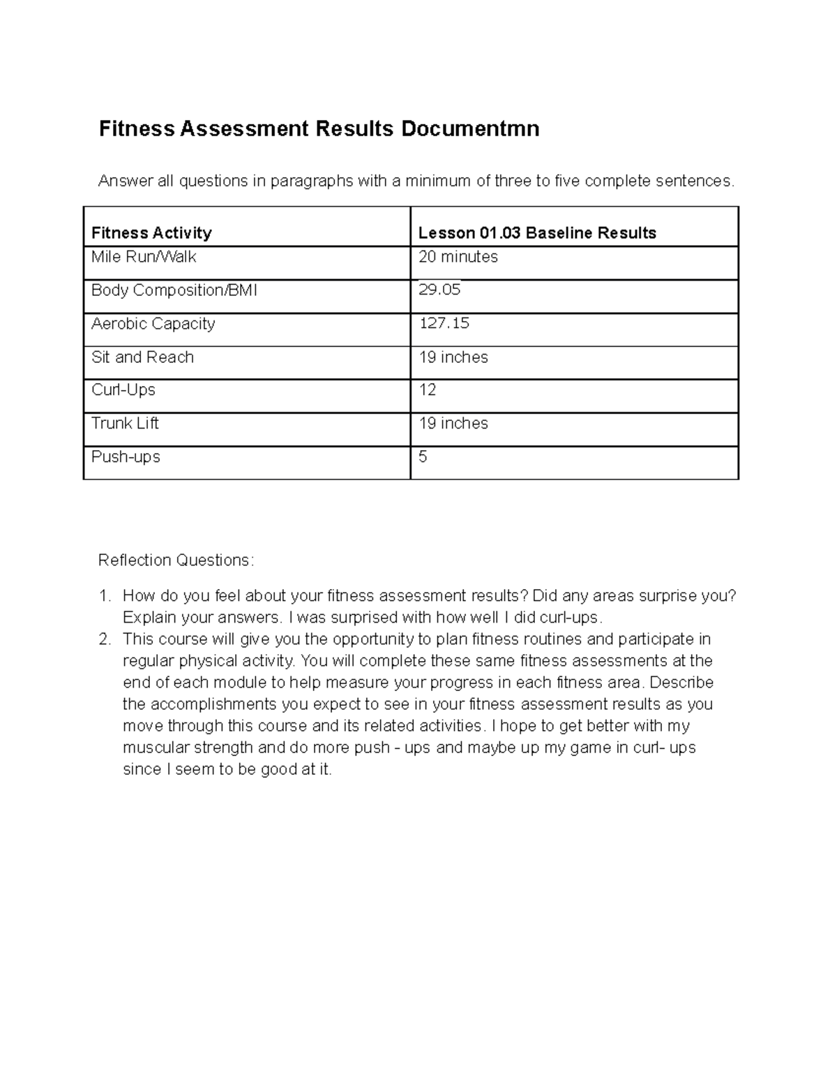 Copy of fitness assessment results 1.03 - Fitness Assessment Results ...