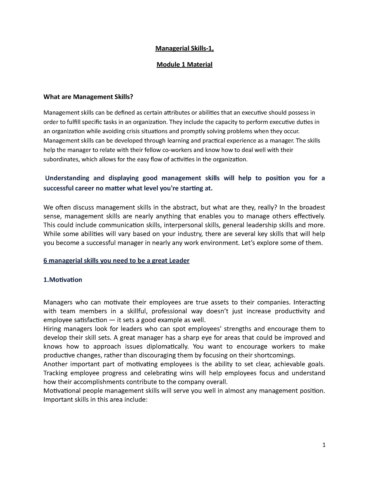 MS-Module 1 Notes - MANAGERIAL SKILLS - Managerial Skills-1, Module 1 ...