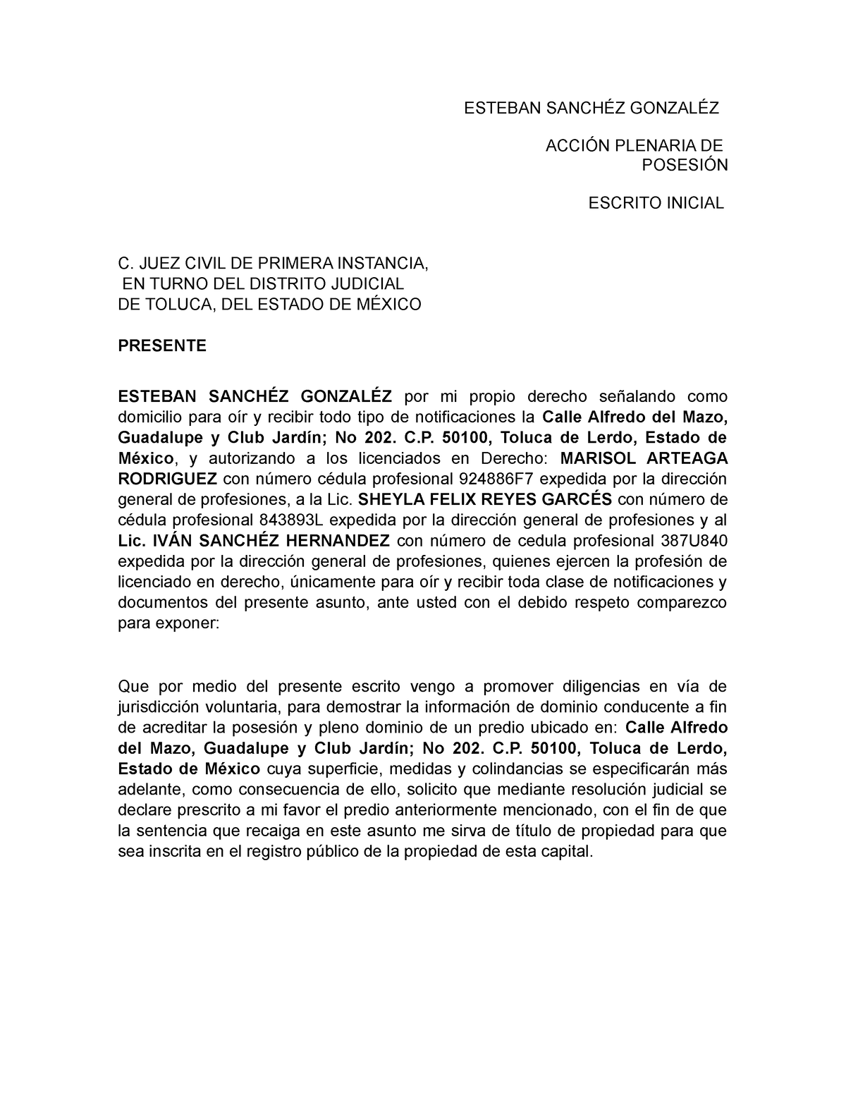 Solicitud Acción Plenaria DE Posesión Corregida 1 - ESTEBAN SANCHÉZ ...