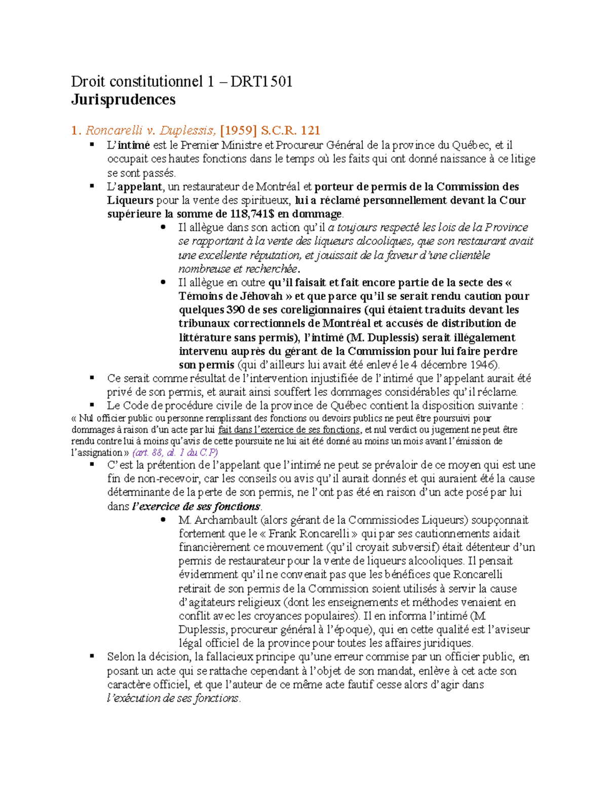 Roncarelli c. Duplessis – DRT1501 - Droit constitutionnel 1 – DRT ...