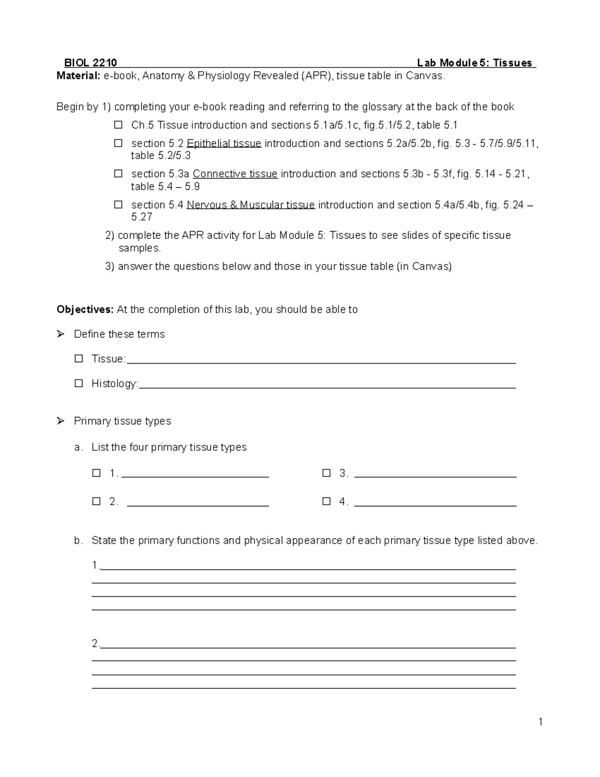 Lab 5 Histology (Instructions) BIOL 2 210 Lab Module 5 Tissues