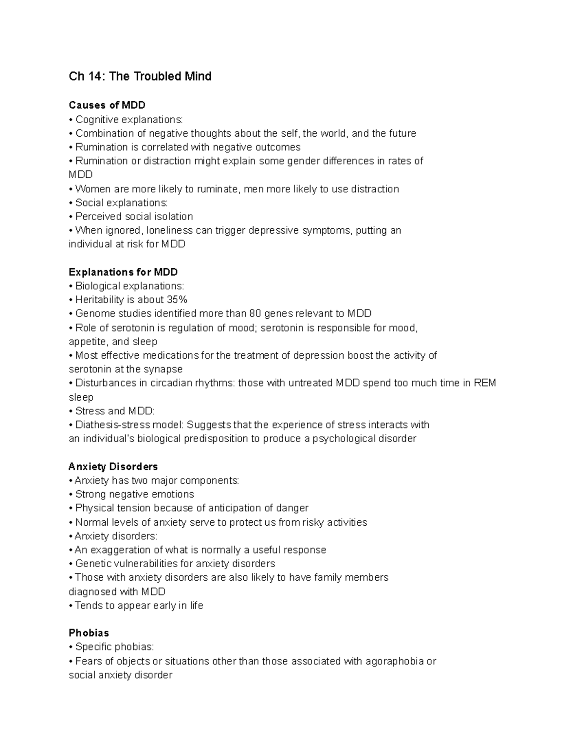 Ch 14 Psyc Part 3 of 3 - Ch 14: The Troubled Mind Causes of MDD ...