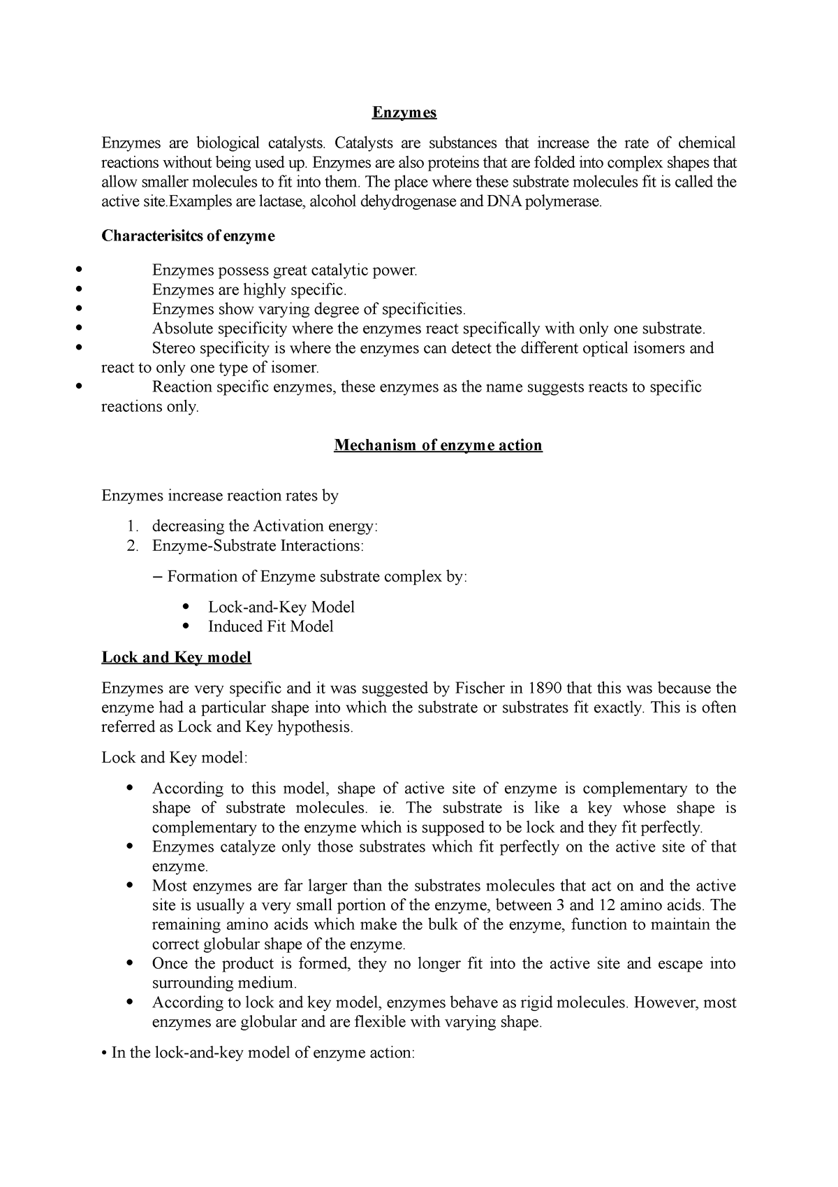 Enzymes and Mechanism of enzyme action - General biotechnology - Studocu