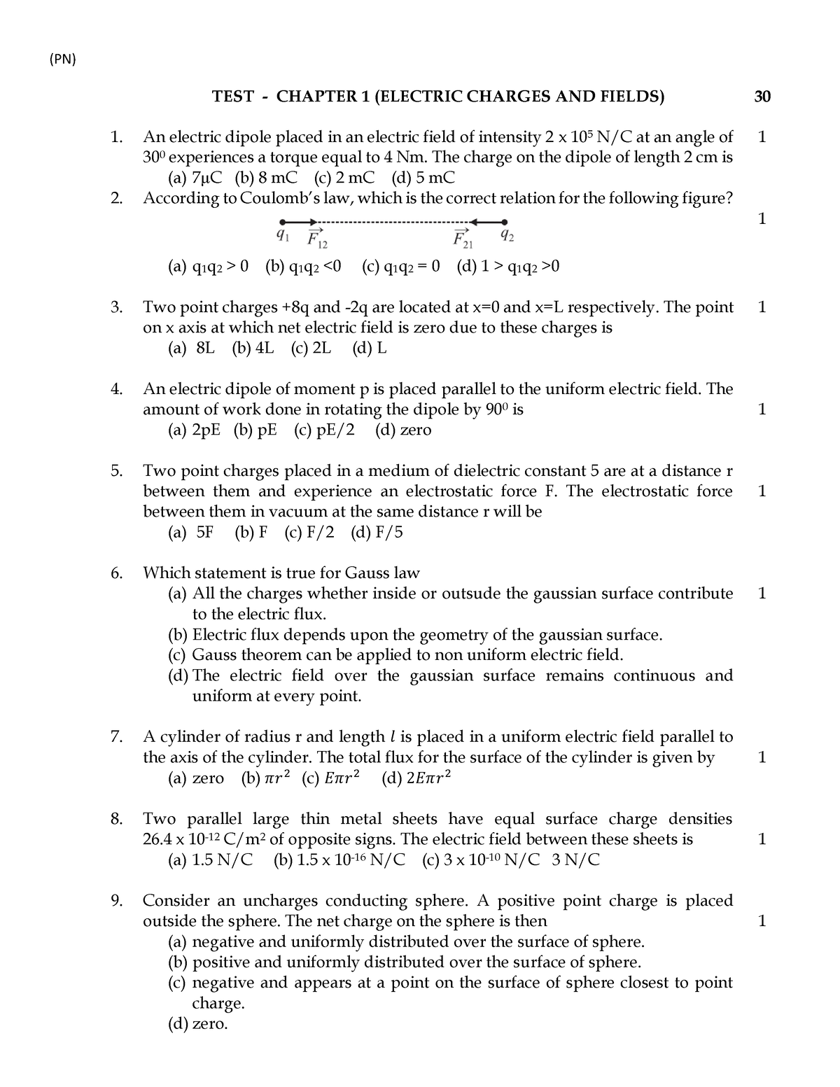 Electric Current And Fields Test Grade 12 - Test - Chapter 1 (electric 