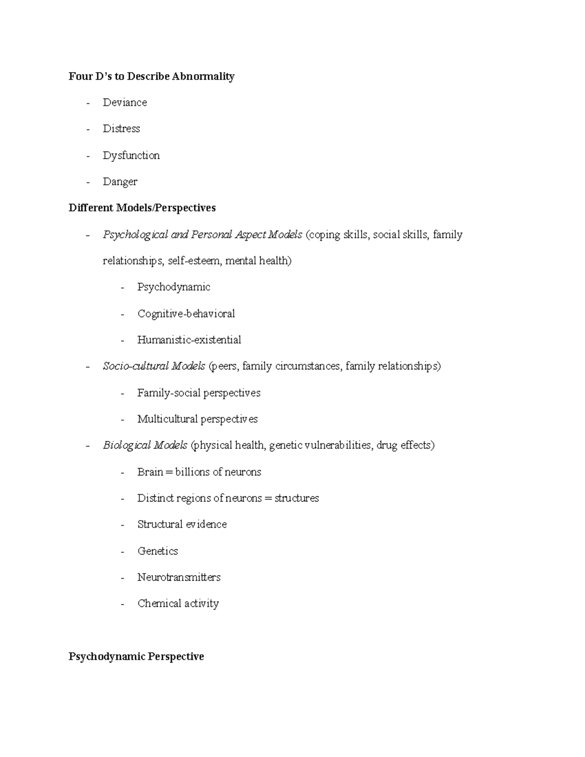 Class Notes 1/16 - Four D’s to Describe Abnormality - Deviance ...