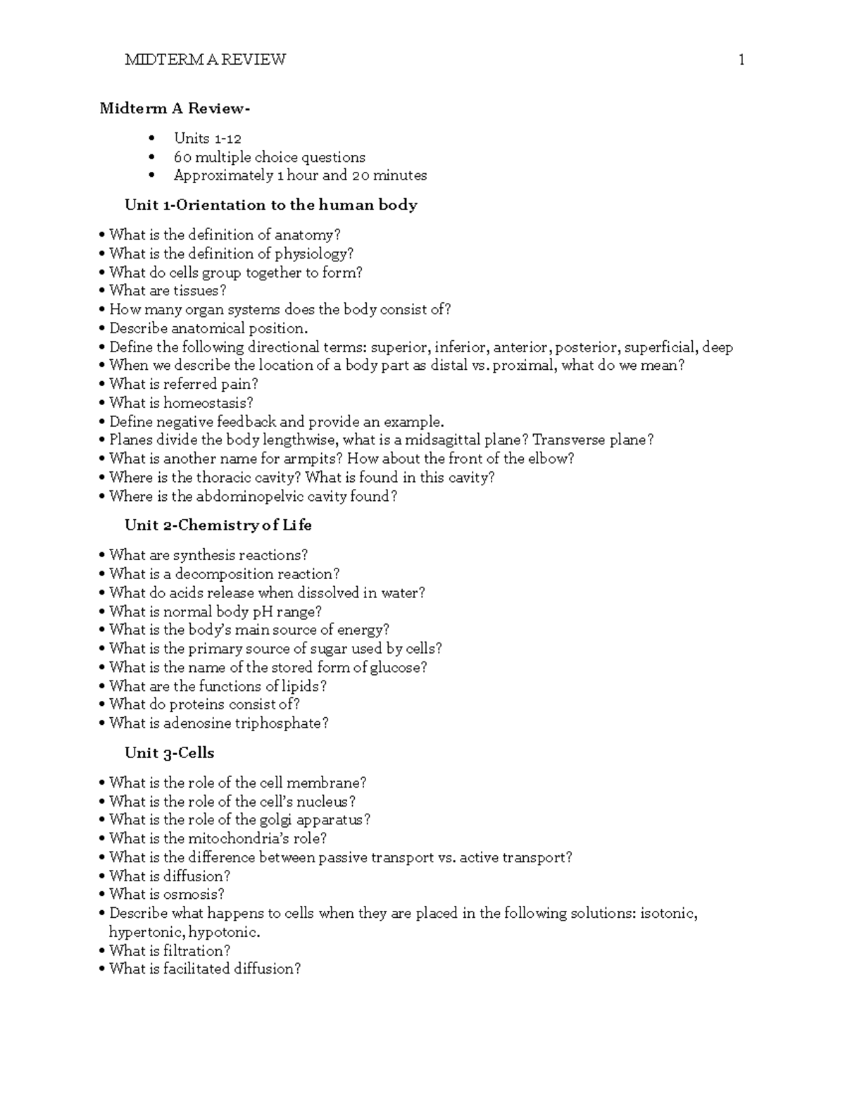 Midterm A Review Questions - Midterm A Review- Units 1- 60 Multiple ...