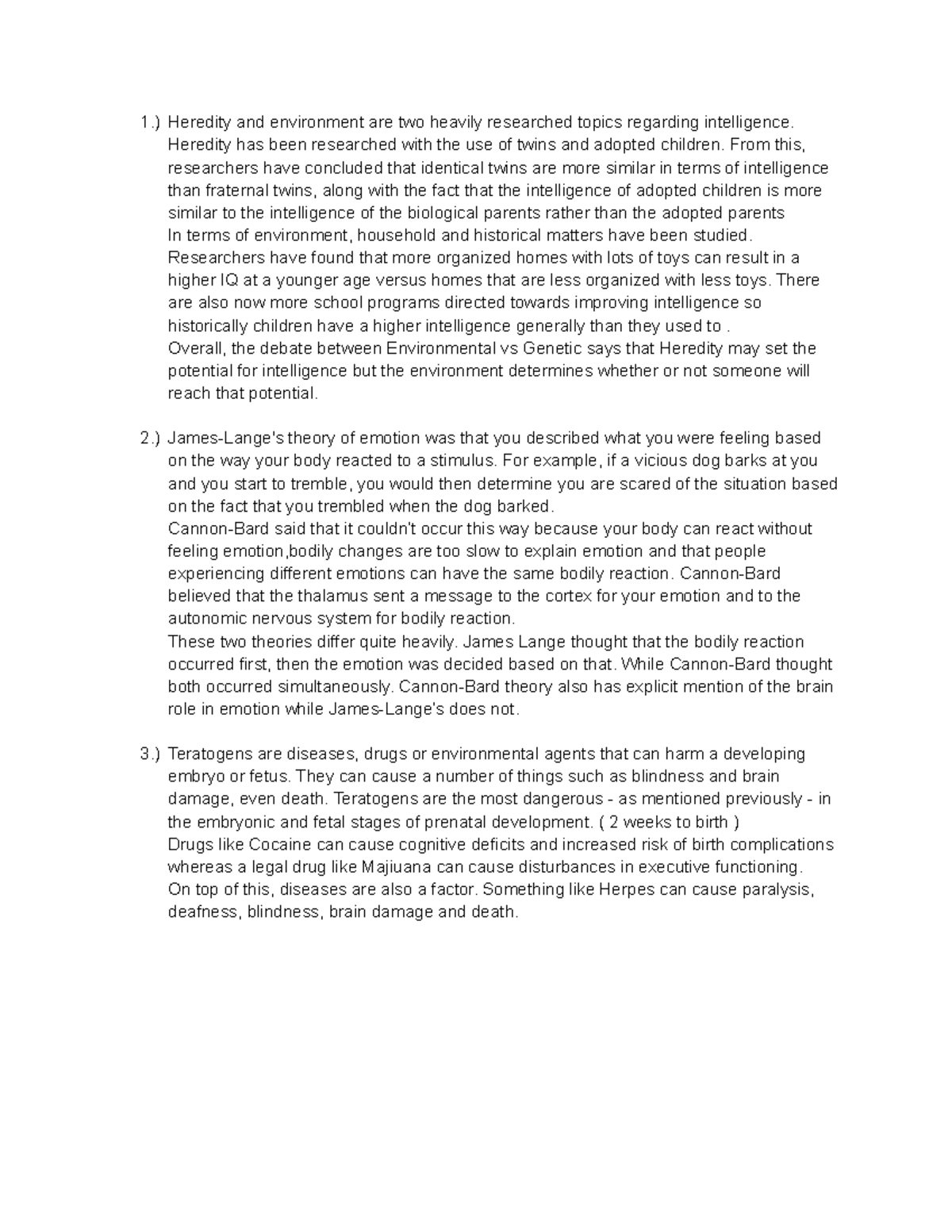 Psych 1001 Midterm long answer possibility answers - 1.) Heredity and ...