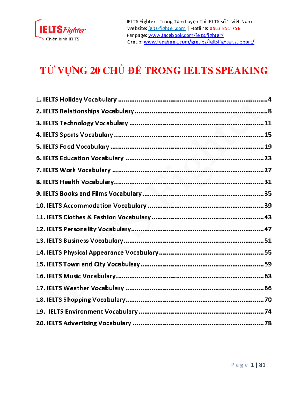 TỪ VỰNG 20 CHỦ ĐỀ Trong Ielts Speaking- Ielts Fighter - Fanpage ...