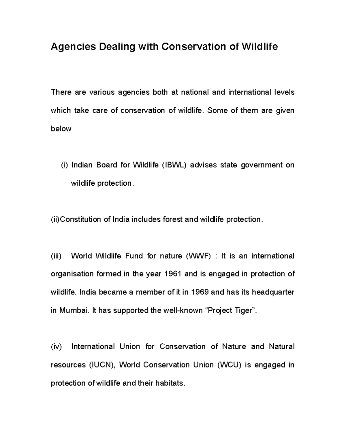 Agencies Dealing with Conservation of Wildlife - Some of them are given ...