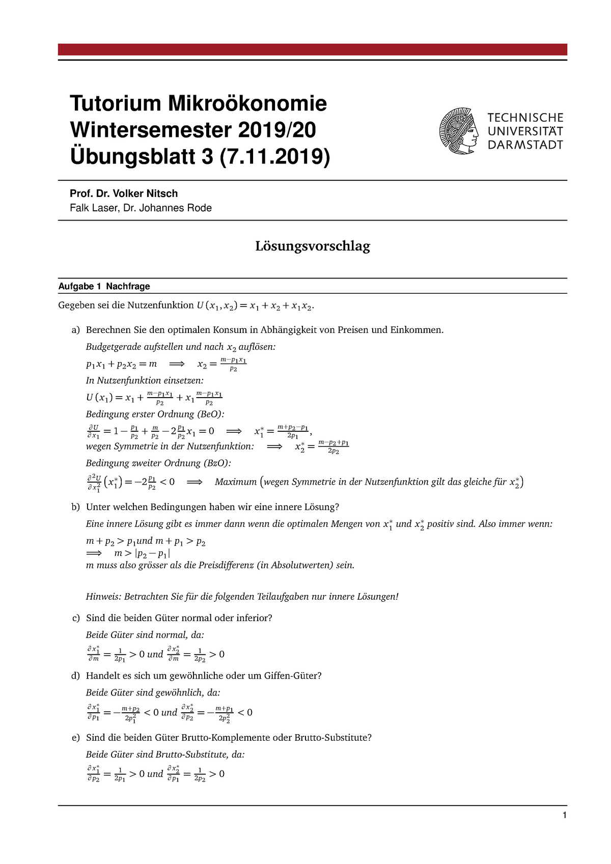 Mikro Uebung 3 Musterloesung WiSe 19/20 - Tutorium Mikroökonomie ...