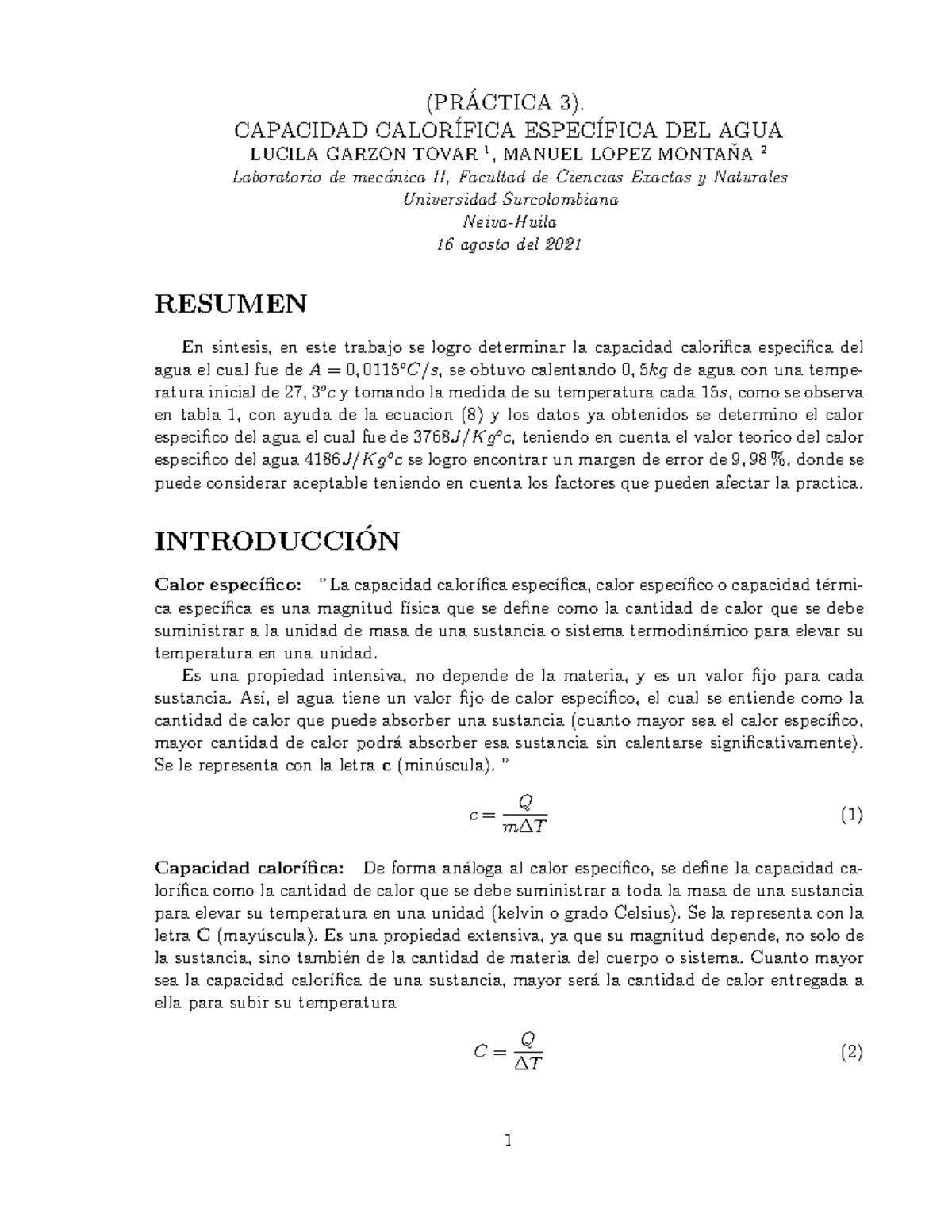 Lab 3 Termodin Mica - Importante - (PR ́ACTICA 3). CAPACIDAD CALOR ...