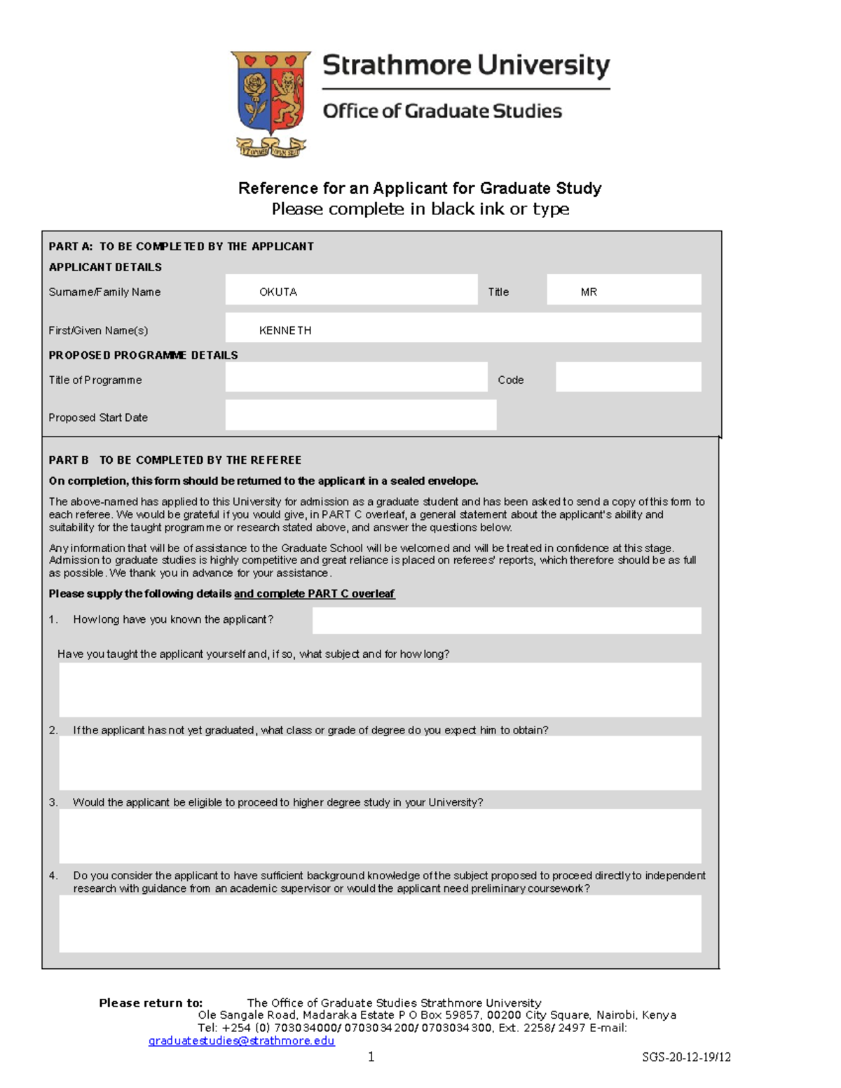 New Graduate Reference Form - Reference for an Applicant for Graduate ...