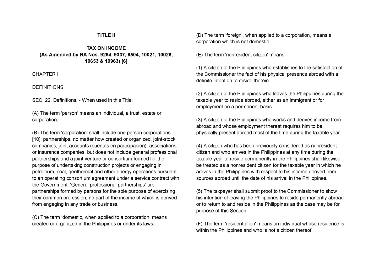 Tax Code Of The Philippines Title II TITLE II TAX ON INCOME As 