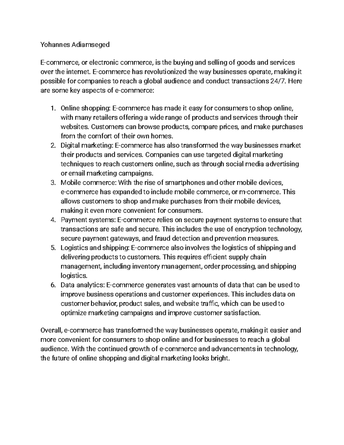 What is E Commerce notes Yohannes Adiamseged