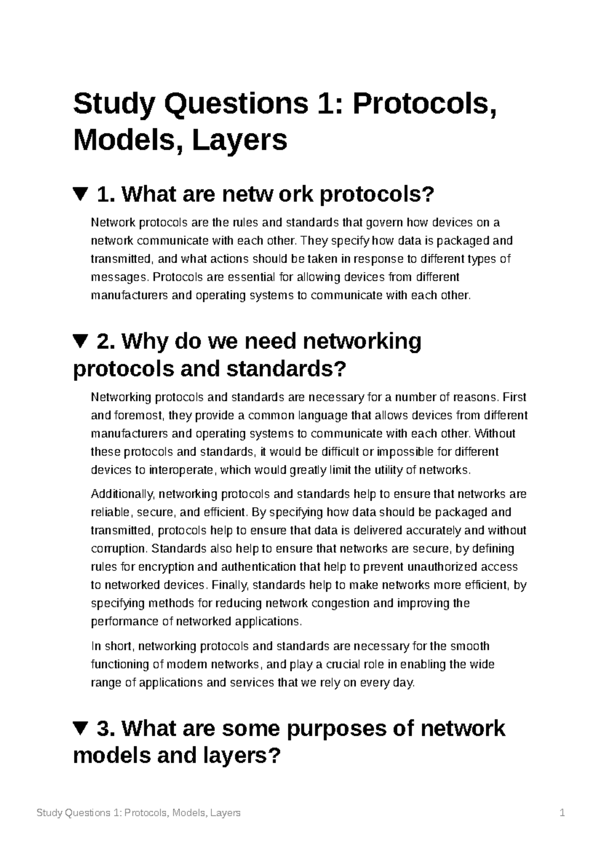 Study Questions 1 Protocols Models Layers What are netw ork protocols