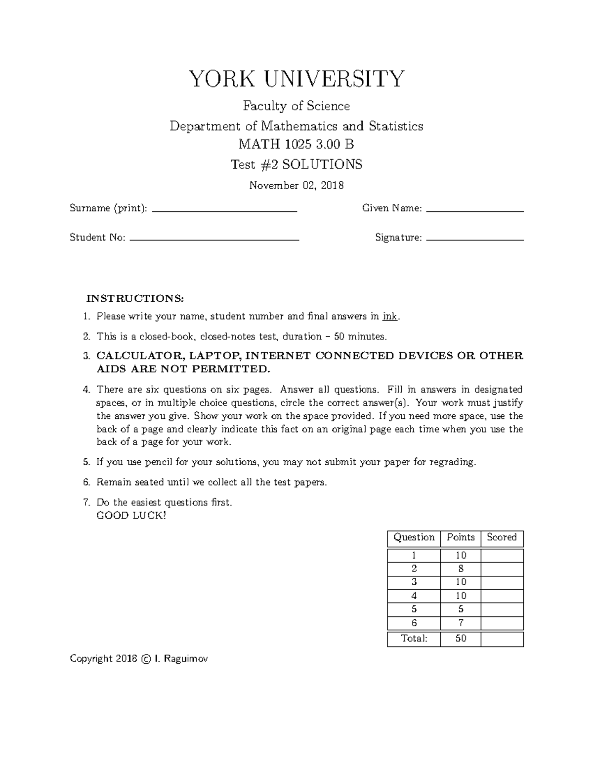 Test 2018, questions and answers YORK UNIVERSITY Faculty of Science