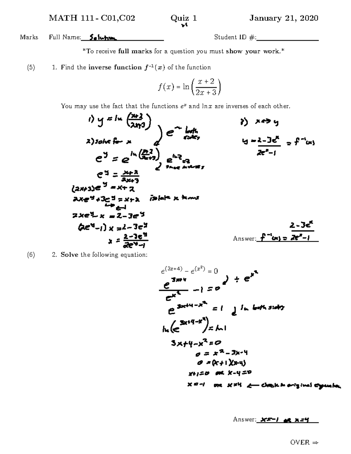 Quiz1 2020W Solution - Quiz Exam For Students - MATH 111 - C01,C02 Quiz ...