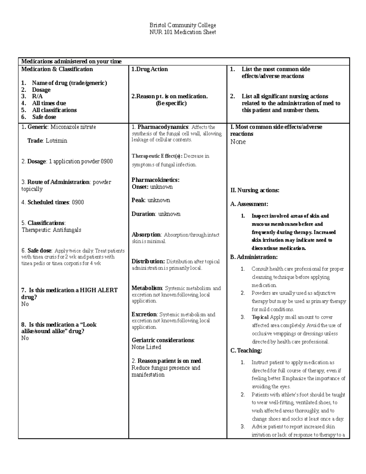 Miconazole Drug Sheet Bristol Community College Nur 101 Medication