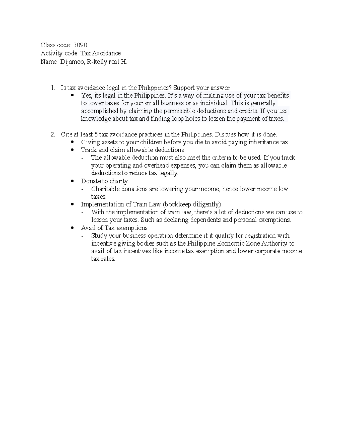 3090 Tax Avoidance Dijamco - Class code: 3090 Activity code: Tax ...