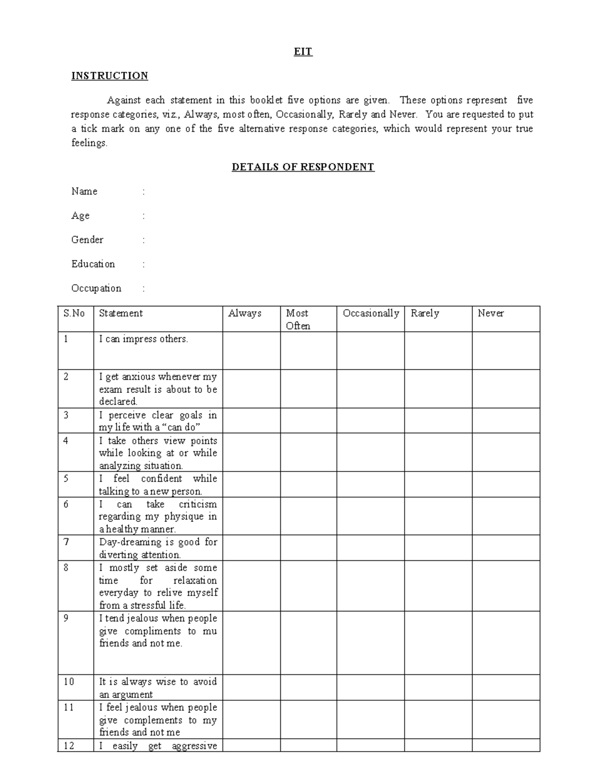 EIT - Emotional Intelligence Scale - EIT INSTRUCTION Against each ...
