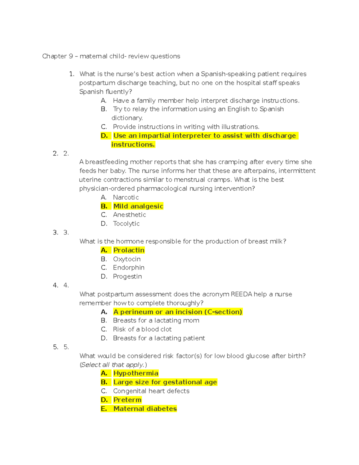 Chapter 9-book questions for maternal child - Chapter 9 – maternal ...