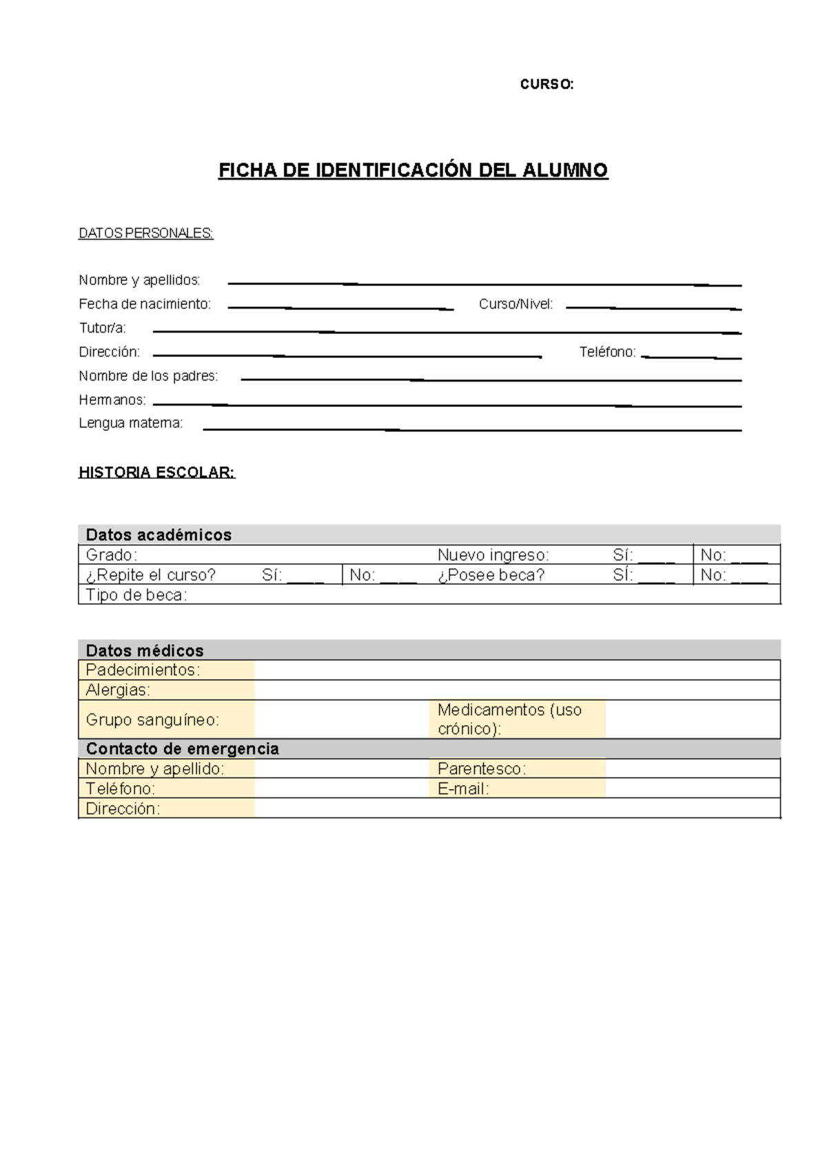 Modelo de Ficha de Identificacion de alumno en word - CURSO: FICHA DE ...