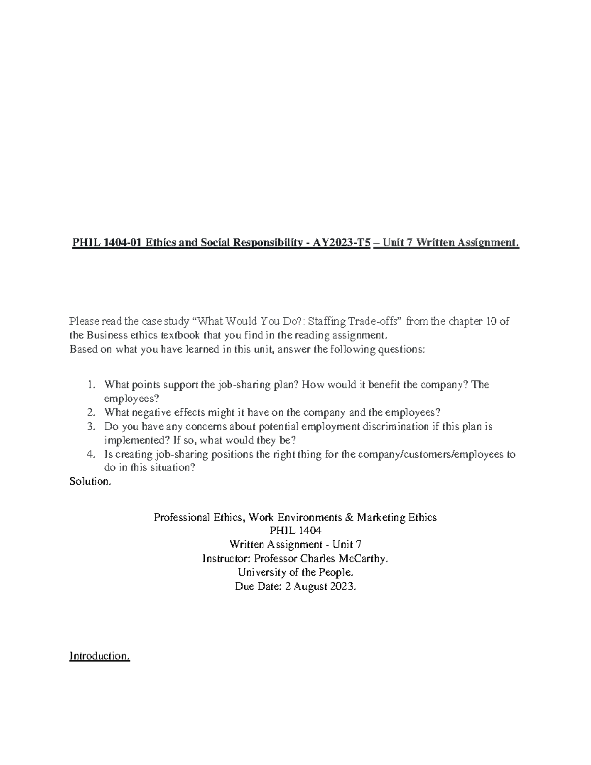 Phil 1404 Unit 7 Written Assignment - PHIL 1404-01 Ethics And Social ...