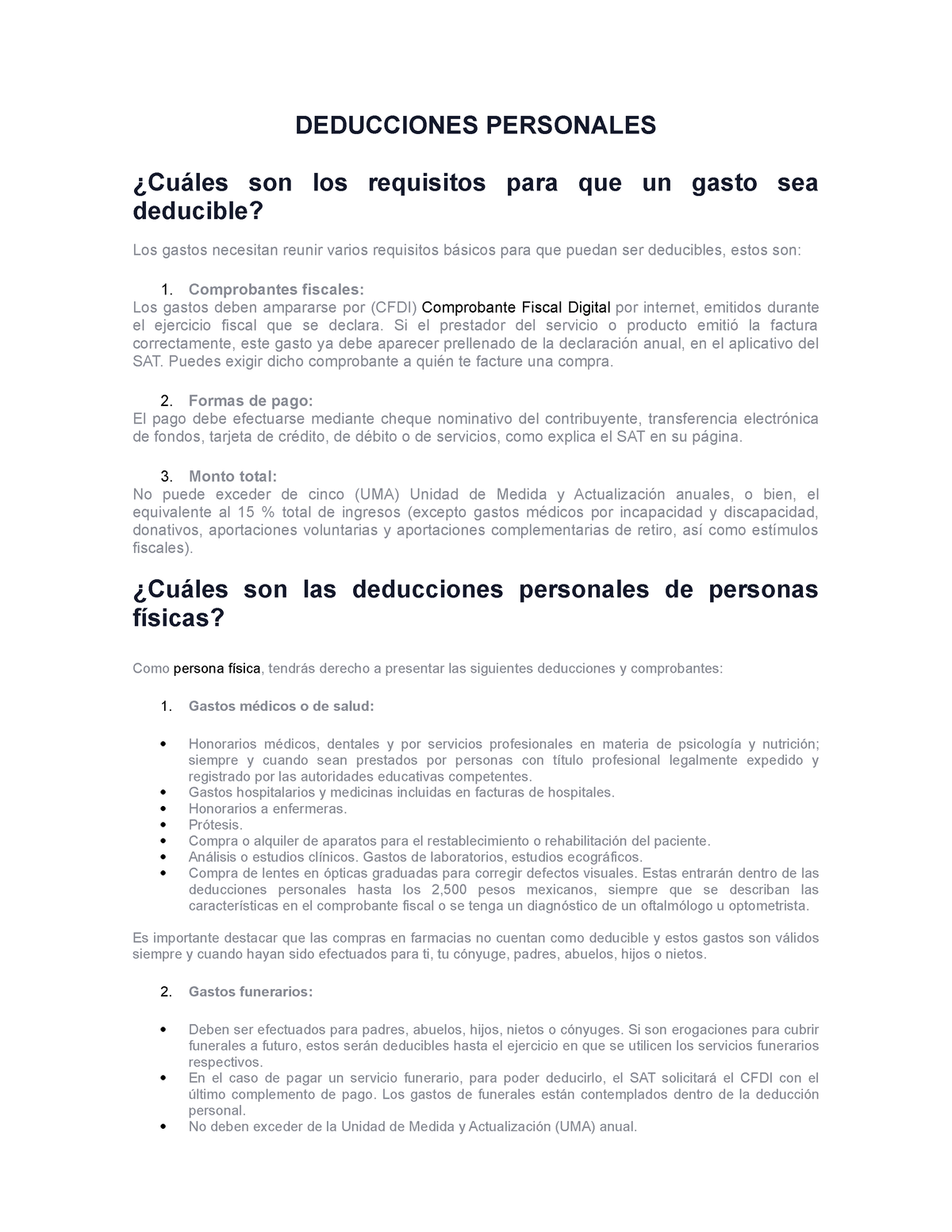 Deducciones Personales Deducciones Personales Cu Les Son Los Requisitos Para Que Un Gasto Sea