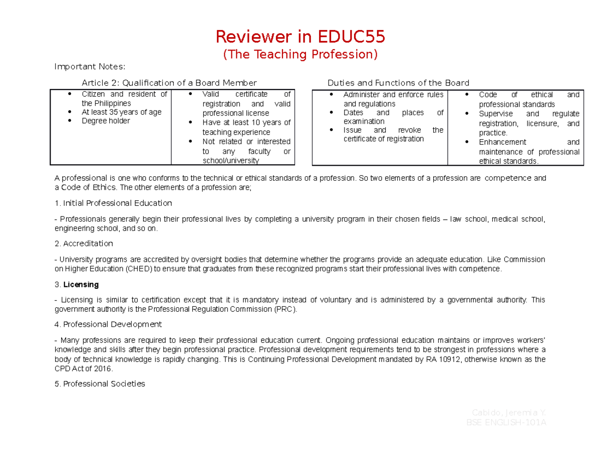 Reviewer in EDUC55 - Reviewer in EDUC (The Teaching Profession ...