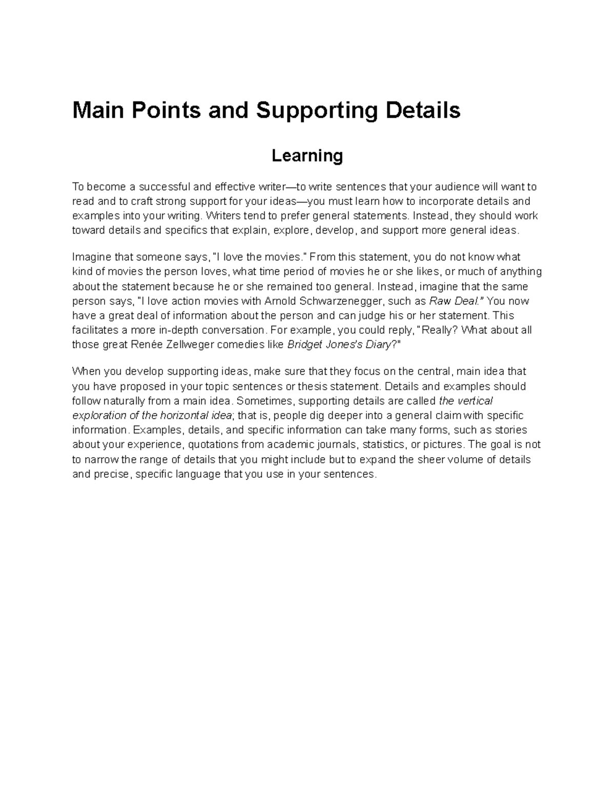 Main Points and Supporting Details Main Points and Supporting Details