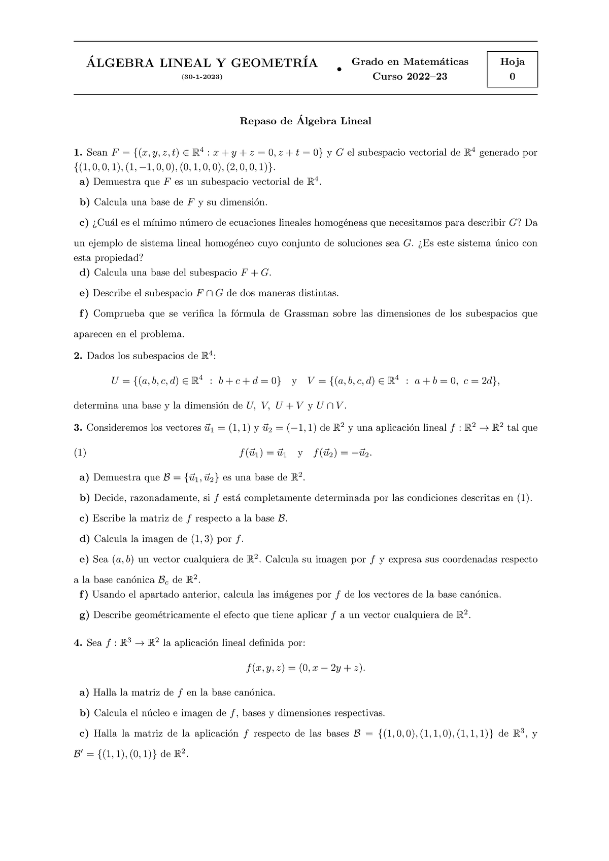 A0 Hoja De Ejercicios 0 Algebra Lineal Y Geometr ́ ́ Ia 30 1 2023 • Grado En Matem ́aticas 6872