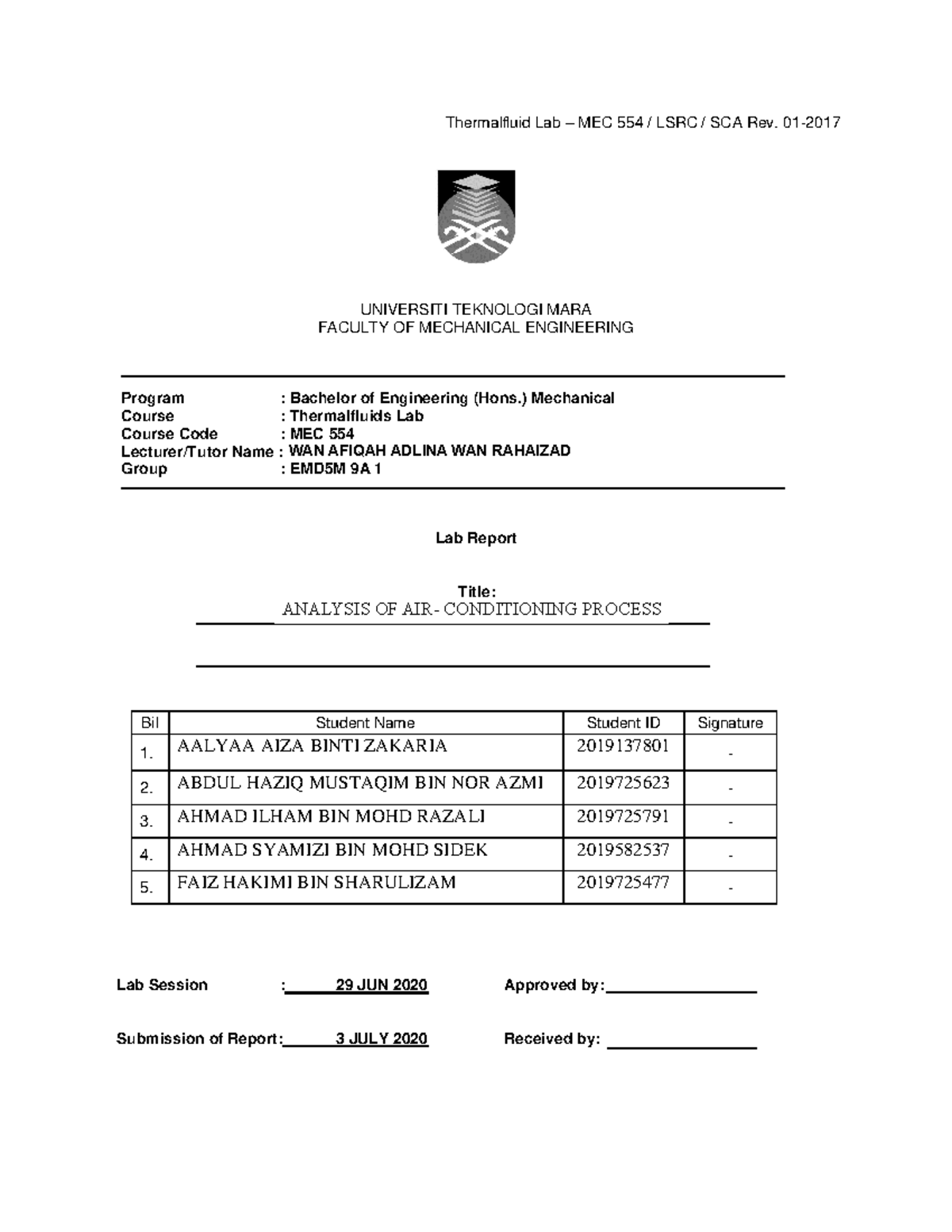 Analysis of air conditioning process - Thermalfluid Lab MEC 554 LSRC ...